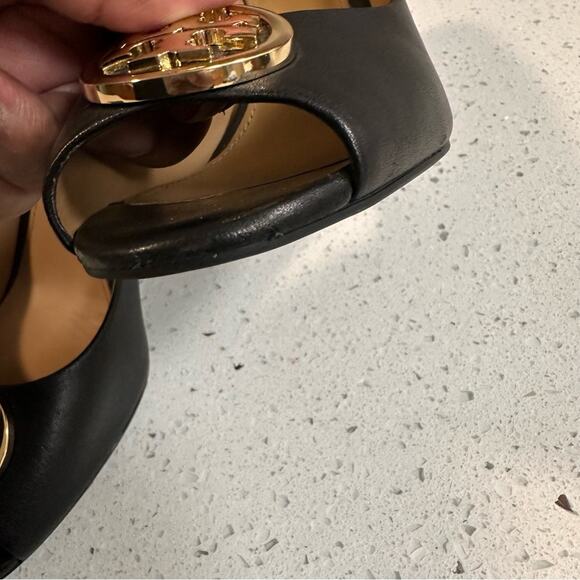 Tory Burch Black Leather Wedge Peep Toe Pumps Shoes Size 9 Missing heel cap - Picture 7 of 13